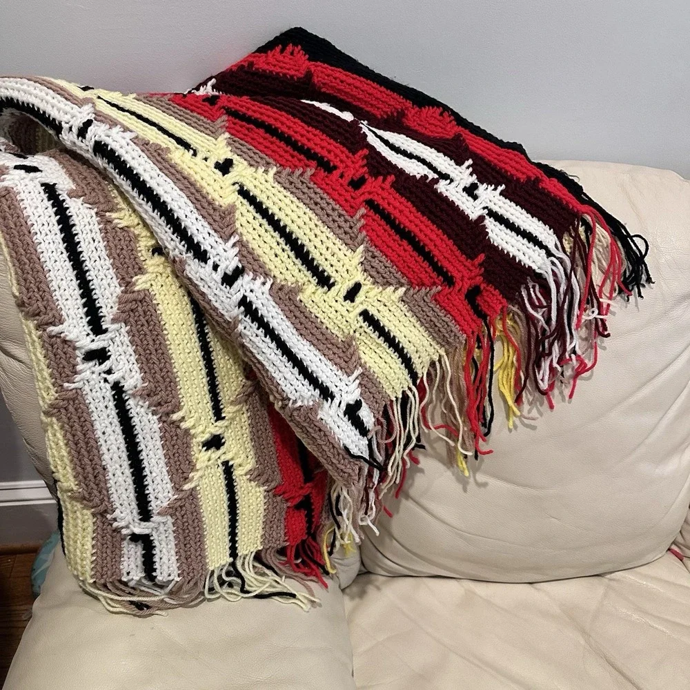 Vtg Crochet Afghan Red Black Brown White Blanket Throw Fringe Southwestern 60x44